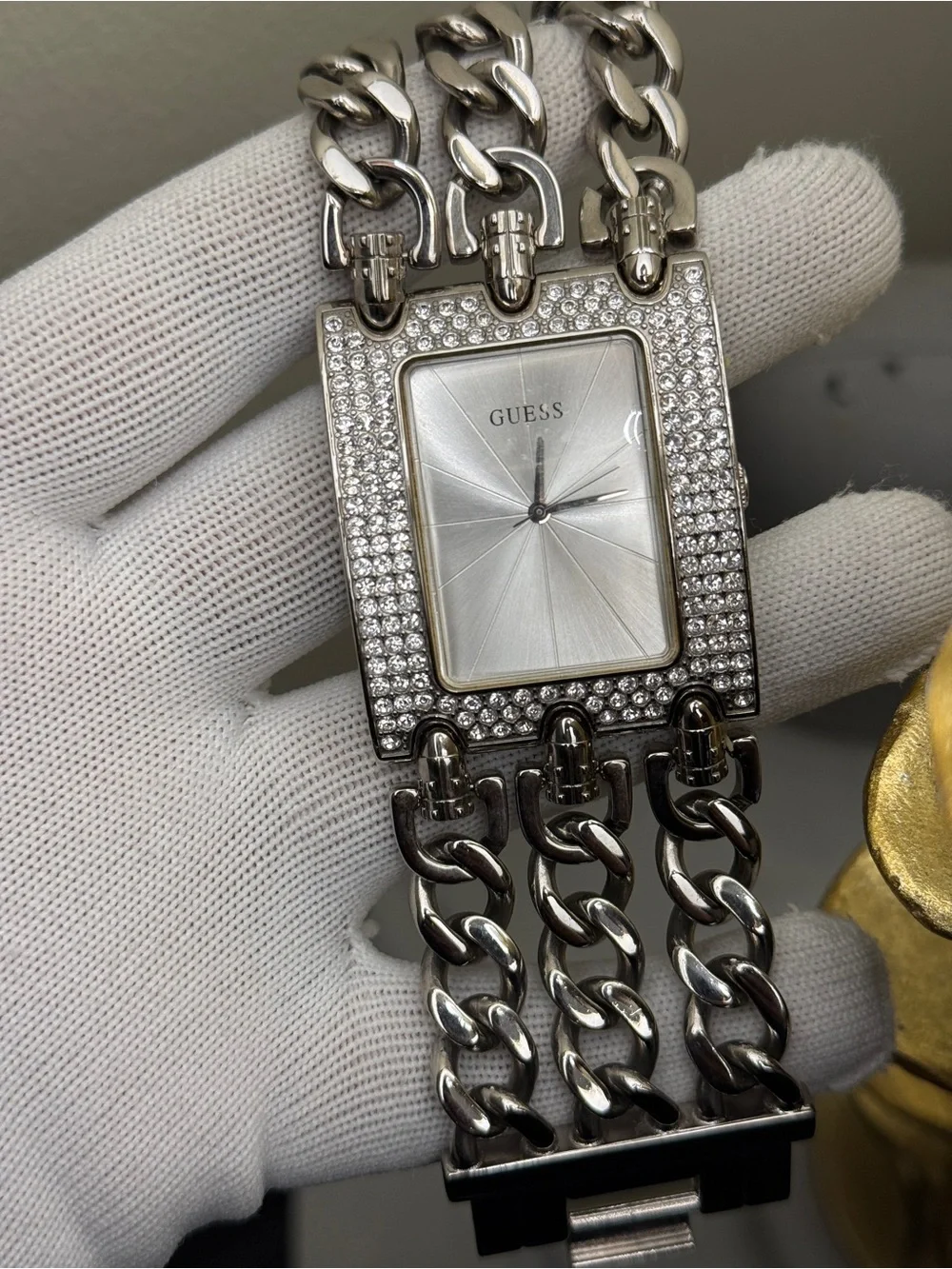 GUESS oversized Silver Crystal-Embellished women’s Chain Bracelet Watch